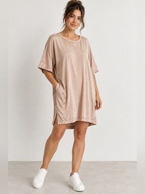 Paper Label Champagne Beige Viscose T-Shirt Dress | Size Large